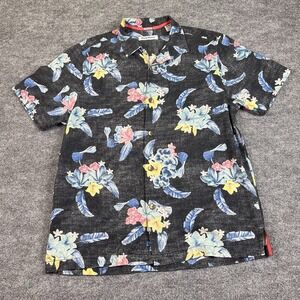 Tommy‎ Bahama Shirt Mens Medium Dark Gray Floral Print 100% Silk Camp Button Up